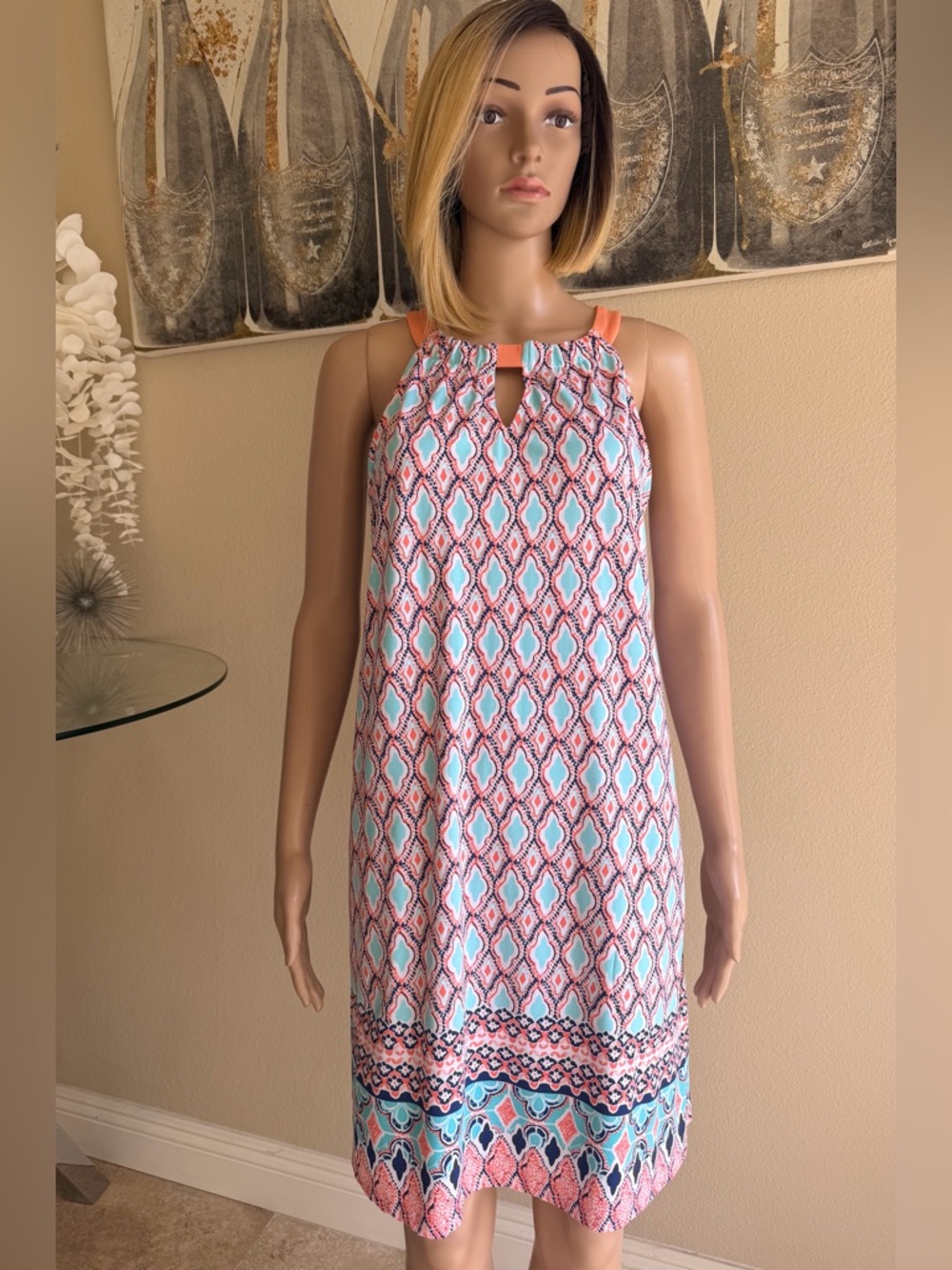 Sleeveless Printed Shift Dress in Coral & Aqua